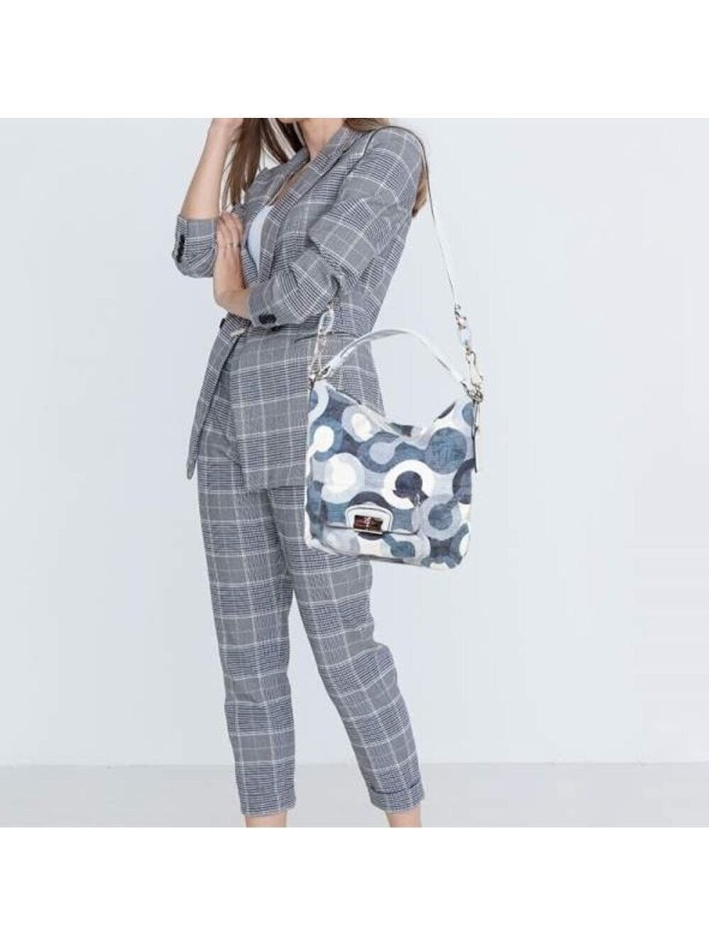 Coach Women’s Kristin Graphic Blues Op Art Hobo Bag Blue/White Canvas Leather